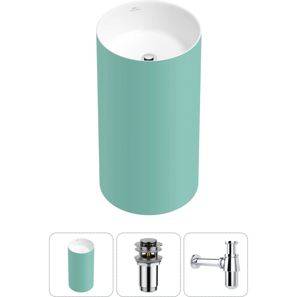 Изображение товара Напольная раковина отдельностоящая Wellsee Chalice Perfection в наборе 3 в 1, раковина-моноблок из акрила, цвет матовый светло-зеленый / белый глянец 20212951R