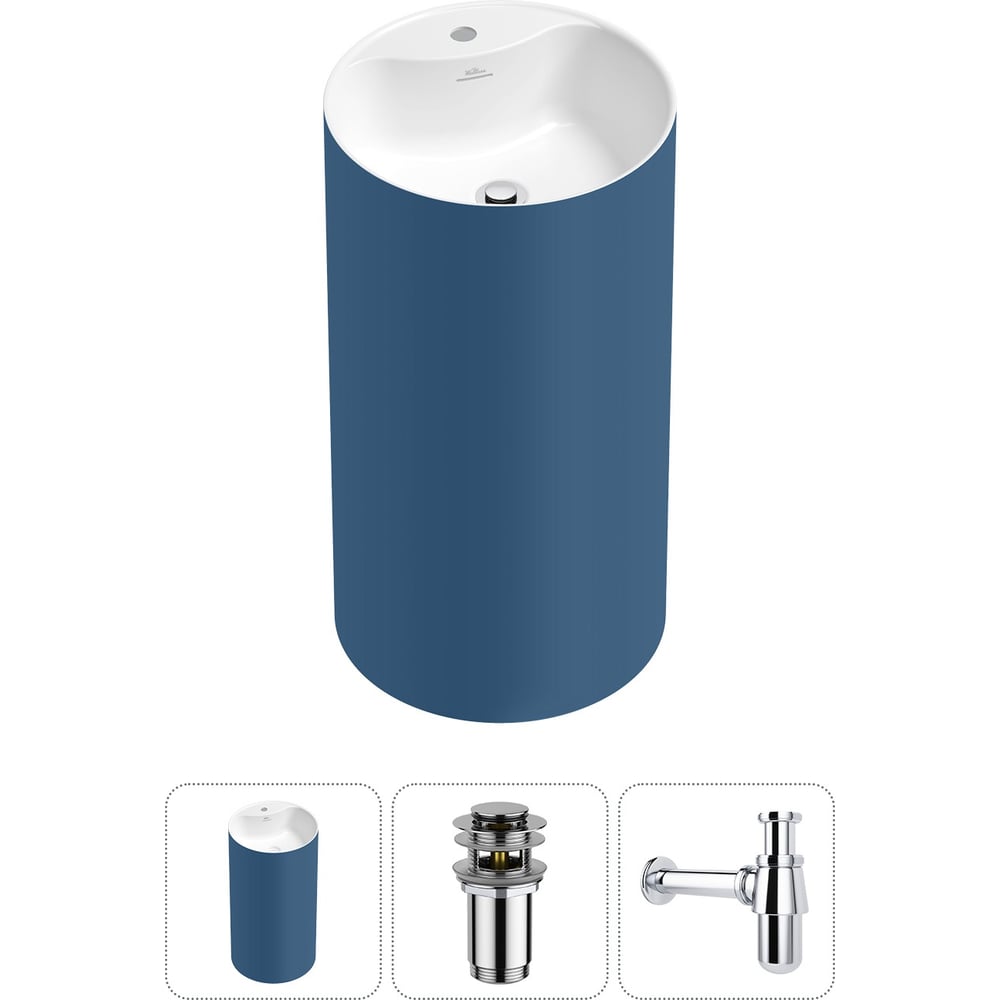 Изображение товара Напольная раковина отдельностоящая Wellsee Chalice Perfection в наборе 3 в 1, раковина-моноблок из акрила, цвет матовый темно-синий / белый глянец 20213097R