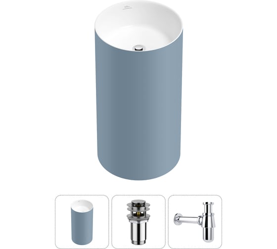 Изображение товара Напольная раковина отдельностоящая Wellsee Chalice Perfection в наборе 3 в 1, раковина-моноблок из акрила, цвет матовый светло-синий / белый глянец 20212958R