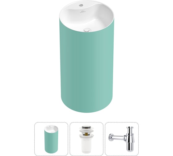 Изображение товара Напольная раковина отдельностоящая Wellsee Chalice Perfection в наборе 3 в 1, раковина-моноблок из акрила, цвет матовый светло-зеленый / белый глянец 20213077R