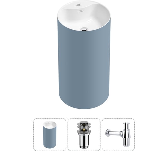 Изображение товара Напольная раковина отдельностоящая Wellsee Chalice Perfection в наборе 3 в 1, раковина-моноблок из акрила, цвет матовый светло-синий / белый глянец 20213085R