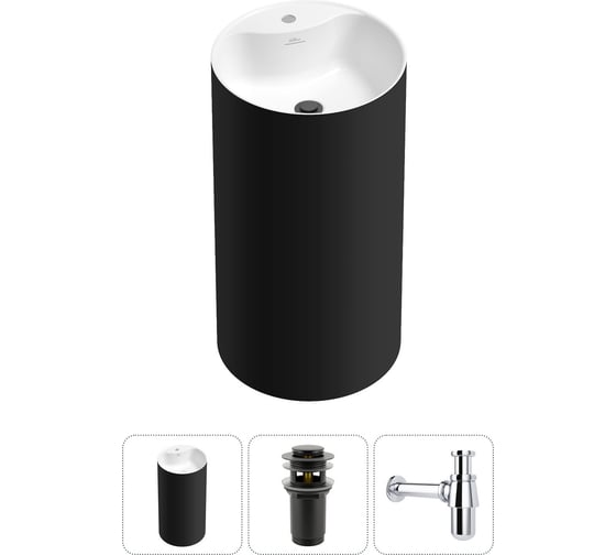 Изображение товара Напольная раковина отдельностоящая Wellsee Chalice Perfection в наборе 3 в 1, раковина-моноблок из акрила, цвет матовый черный / белый глянец 20213019R