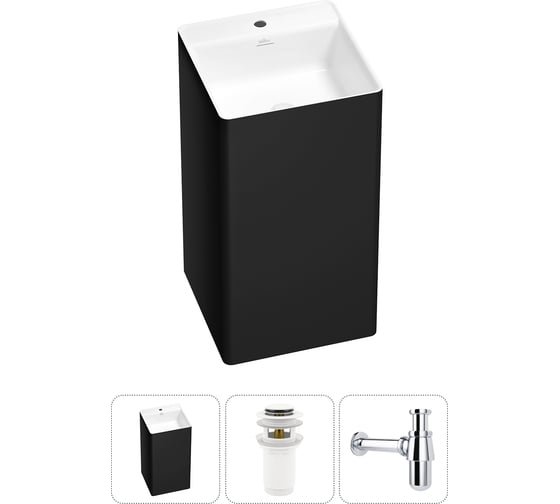 Изображение товара Напольная раковина отдельно стоящая Wellsee Pure BY в наборе 3 в 1, раковина-моноблок из акрила, цвет матовый черный / белый глянец 20213289R