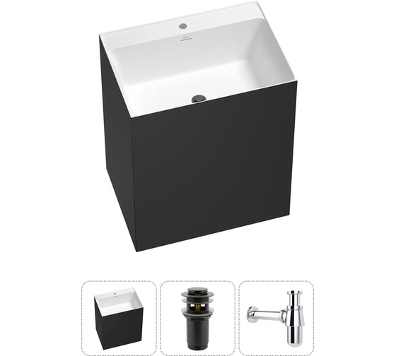 Изображение товара Напольная раковина отдельно стоящая Wellsee Doux в наборе 3 в 1, раковина-моноблок из акрила, цвет матовый черный / белый глянец 20213203R