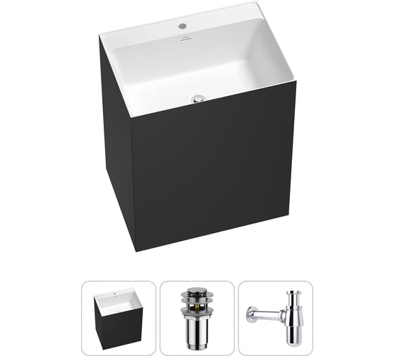 Изображение товара Напольная раковина отдельно стоящая Wellsee Doux в наборе 3 в 1, раковина-моноблок из акрила, цвет матовый черный / белый глянец 20213202R
