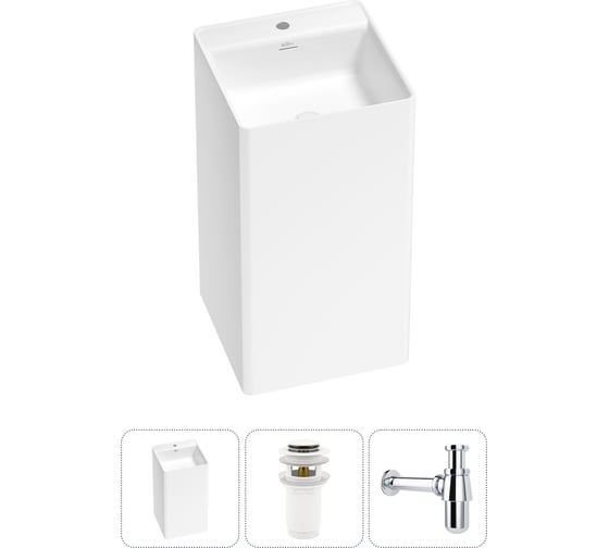 Изображение товара Напольная раковина отдельно стоящая Wellsee Pure BY в наборе 3 в 1, раковина-моноблок из акрила, цвет матовый белый 20213273R