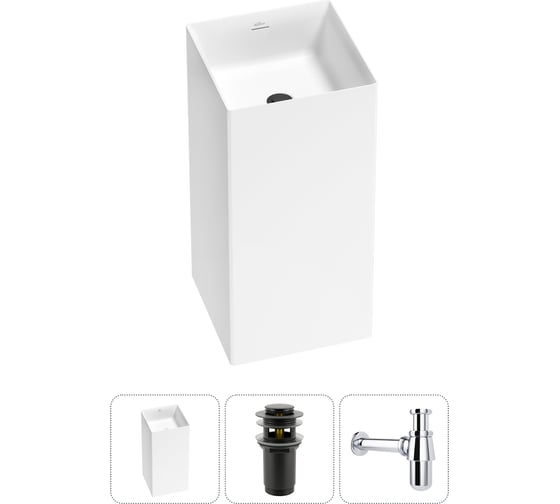 Изображение товара Напольная раковина отдельно стоящая Wellsee Pure BY в наборе 3 в 1, раковина-моноблок из акрила, цвет матовый белый 20213231R