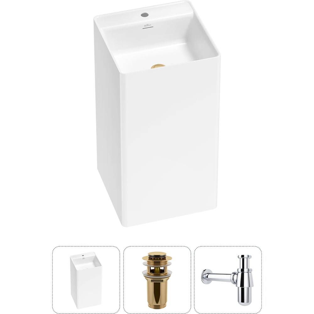Изображение товара Напольная раковина Wellsee Pure BY из акрила с золотыми аксессуарами, белая