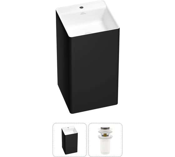 Изображение товара Напольная раковина отдельно стоящая Wellsee Pure BY в наборе 2 в 1, раковина-моноблок из акрила, цвет матовый черный / белый глянец 20213285R