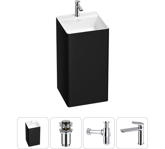 Изображение товара Напольная раковина отдельно стоящая Wellsee Pure BY в наборе 4 в 1, раковина-моноблок из акрила, цвет матовый черный / белый глянец 20213290R