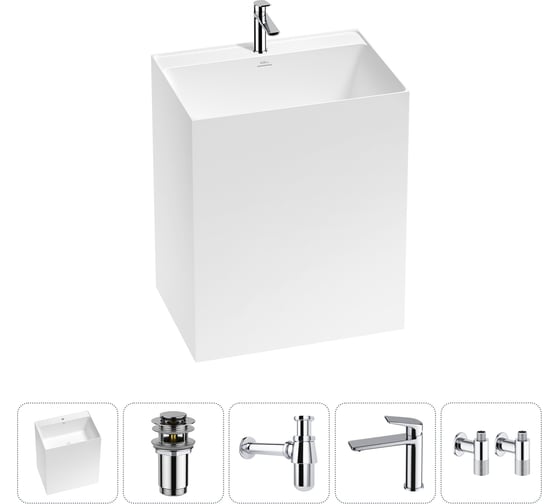 Изображение товара Напольная раковина отдельно стоящая Wellsee Doux в наборе 5 в 1, раковина-моноблок из акрила, цвет белый глянец 20213178R