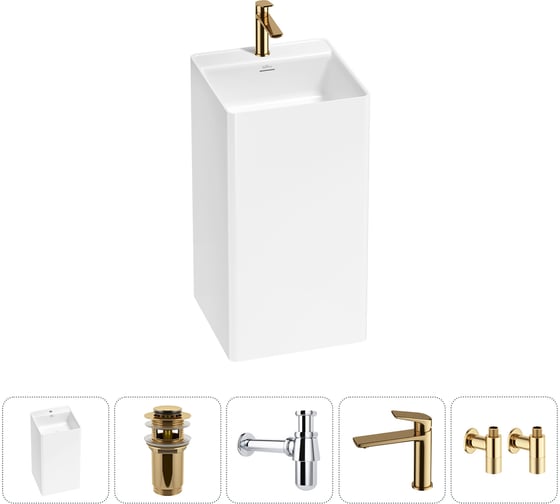 Изображение товара Напольная раковина отдельно стоящая Wellsee Pure BY в наборе 5 в 1, раковина-моноблок из акрила, цвет белый глянец 20213264R