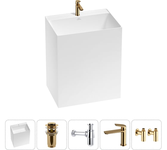 Изображение товара Напольная раковина отдельно стоящая Wellsee Doux в наборе 5 в 1, раковина-моноблок из акрила, цвет матовый белый 20213196R