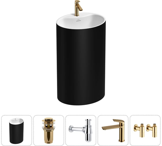 Изображение товара Напольная раковина отдельно стоящая Wellsee Coquillage в наборе 5 в 1, раковина-моноблок из акрила, цвет матовый черный / белый глянец 20213164R