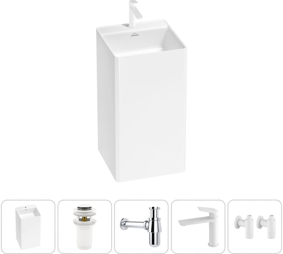 Изображение товара Напольная раковина отдельно стоящая Wellsee Pure BY в наборе 5 в 1, раковина-моноблок из акрила, цвет белый глянец 20213265R