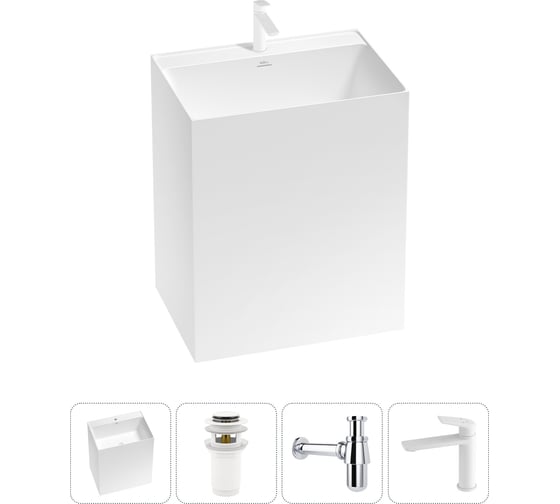 Изображение товара Напольная раковина отдельно стоящая Wellsee Doux в наборе 4 в 1, раковина-моноблок из акрила, цвет белый глянец 20213177R