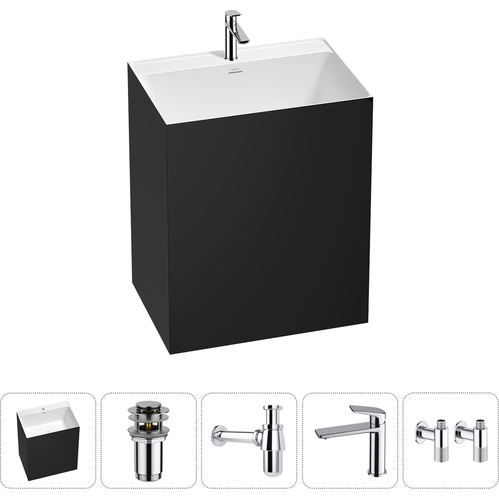 Изображение товара Напольная раковина отдельно стоящая Wellsee Doux в наборе 5 в 1, раковина-моноблок из акрила, цвет матовый черный / белый глянец 20213210R