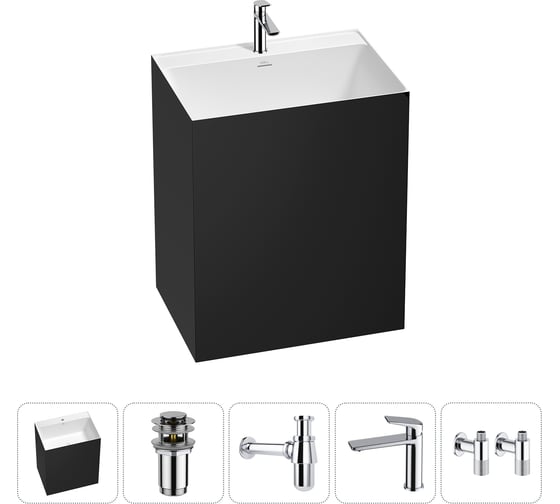 Изображение товара Напольная раковина отдельно стоящая Wellsee Doux в наборе 5 в 1, раковина-моноблок из акрила, цвет матовый черный / белый глянец 20213210R