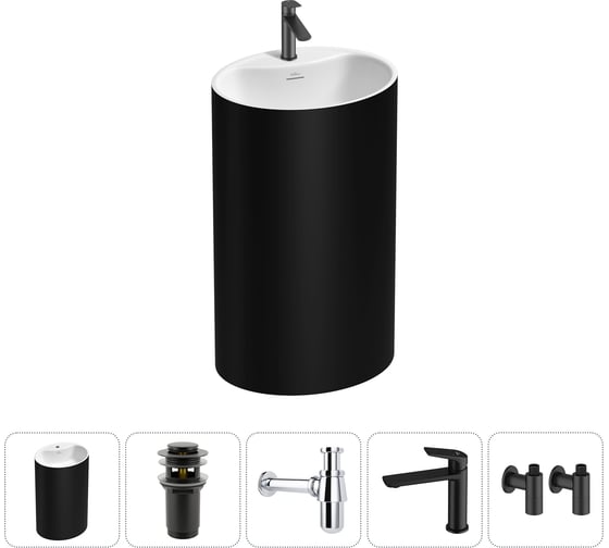 Изображение товара Напольная раковина отдельно стоящая Wellsee Coquillage в наборе 5 в 1, раковина-моноблок из акрила, цвет матовый черный / белый глянец 20213163R