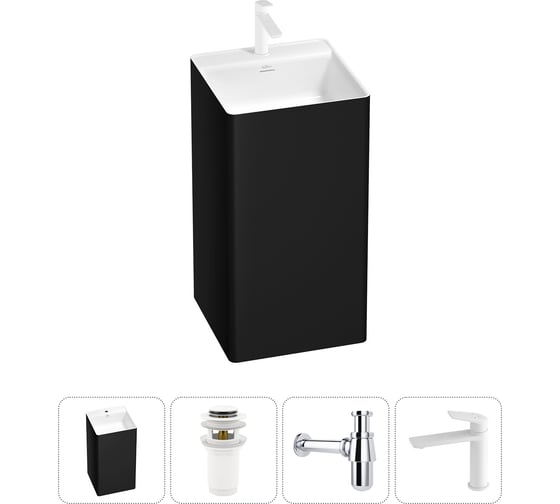 Изображение товара Напольная раковина отдельно стоящая Wellsee Pure BY в наборе 4 в 1, раковина-моноблок из акрила, цвет матовый черный / белый глянец 20213293R