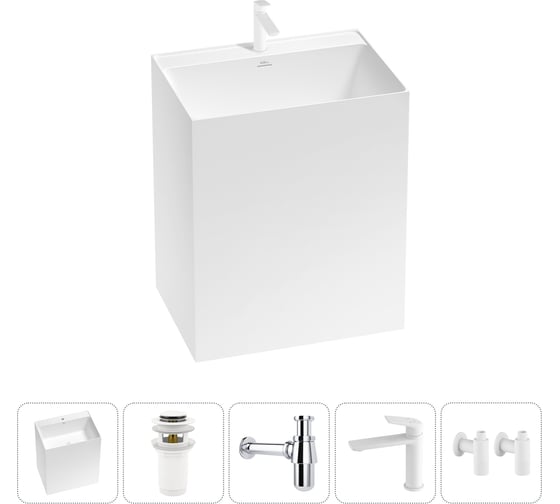 Изображение товара Напольная раковина отдельно стоящая Wellsee Doux в наборе 5 в 1, раковина-моноблок из акрила, цвет белый глянец 20213181R