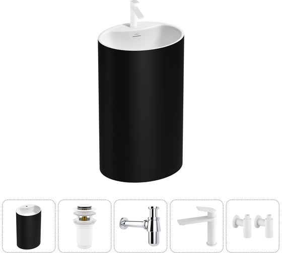 Изображение товара Напольная раковина отдельно стоящая Wellsee Coquillage в наборе 5 в 1, раковина-моноблок из акрила, цвет матовый черный / белый глянец 20213165R