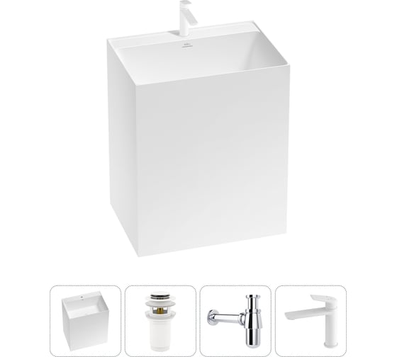 Изображение товара Напольная раковина отдельно стоящая Wellsee Doux в наборе 4 в 1, раковина-моноблок из акрила, цвет матовый белый 20213193R