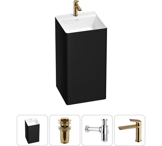 Изображение товара Напольная раковина отдельно стоящая Wellsee Pure BY в наборе 4 в 1, раковина-моноблок из акрила, цвет матовый черный / белый глянец 20213292R