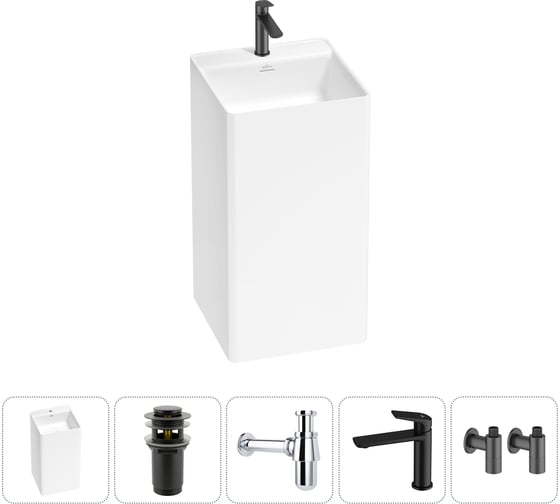 Изображение товара Напольная раковина отдельно стоящая Wellsee Pure BY в наборе 5 в 1, раковина-моноблок из акрила, цвет матовый белый 20213279R