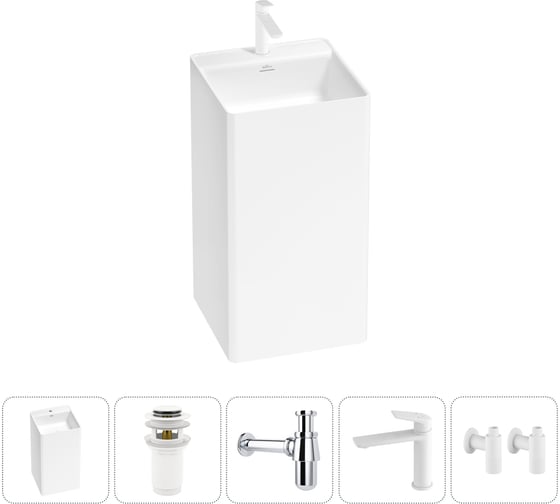 Изображение товара Напольная раковина отдельно стоящая Wellsee Pure BY в наборе 5 в 1, раковина-моноблок из акрила, цвет матовый белый 20213281R