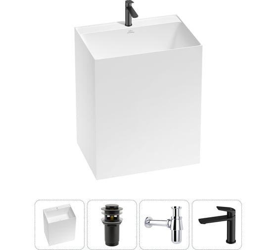 Изображение товара Напольная раковина отдельно стоящая Wellsee Doux в наборе 4 в 1, раковина-моноблок из акрила, цвет матовый белый 20213191R