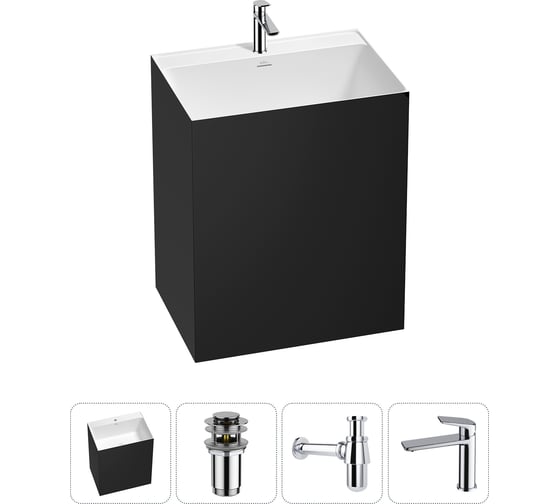 Изображение товара Напольная раковина отдельно стоящая Wellsee Doux в наборе 4 в 1, раковина-моноблок из акрила, цвет матовый черный / белый глянец 20213206R