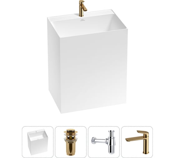 Изображение товара Напольная раковина отдельно стоящая Wellsee Doux в наборе 4 в 1, раковина-моноблок из акрила, цвет белый глянец 20213176R