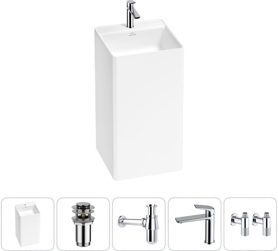 Изображение товара Напольная раковина отдельно стоящая Wellsee Pure BY в наборе 5 в 1, раковина-моноблок из акрила, цвет матовый белый 20213278R