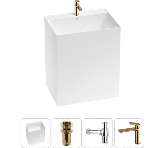 Изображение товара Напольная раковина отдельно стоящая Wellsee Doux в наборе 4 в 1, раковина-моноблок из акрила, цвет матовый белый 20213192R