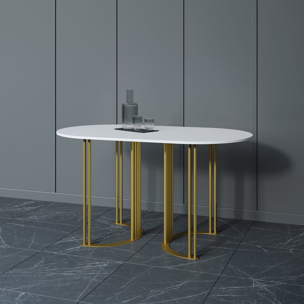 Изображение товара Овальный обеденный стол GENGLASS с золотым металлическим подстольем и белой столешницей VIOLUR, 1400х800х750 мм GGT-20-1-3-14080