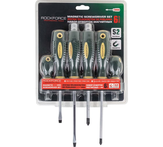 Изображение товара Набор отверток магнитных Rockforce 6 предметов (SL:5.5х40,6.5х100мм; PH:1х40,2х150мм; силовые: SL6.5х150, РН2х100мм)в блистере RF-7006B(60405)