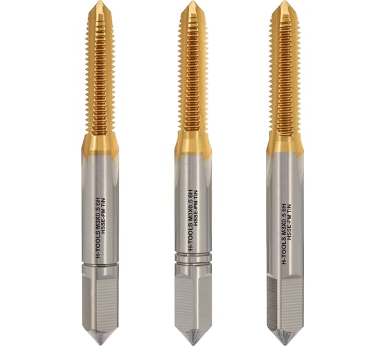 Изображение товара Метчик H-Tools М3, шаг 0.5 мм, DIN352, комплект из 3-х шт, HSSEPM-TiN 6HX 230030PMHT