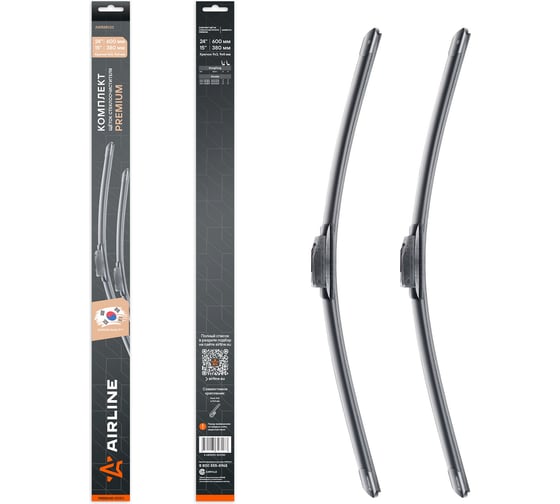 Изображение товара Щетки стеклоочистителя Airline комплект 600/380мм (24/15) бескаркасные PREMIUM с креплением Крючок 9x3, 9x4 мм, 2 штуки AWBM033