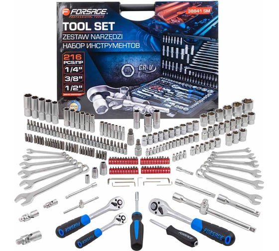 Изображение товара Набор инструментов Forsage 216 предметов 1/4 3/8 1/2 (6гр, 12гр)(4-32мм) F-38841 SM(60403)