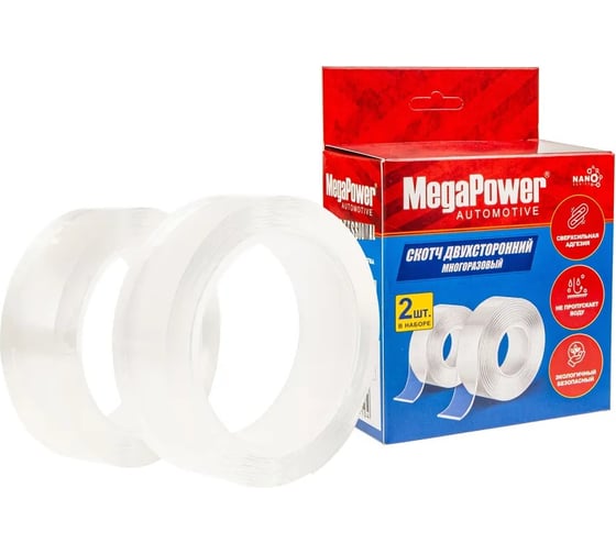 Изображение товара Односторонняя клейкая лента NANO набор 2шт многоразовая сверхсильная прозрачная Megapower 412817
