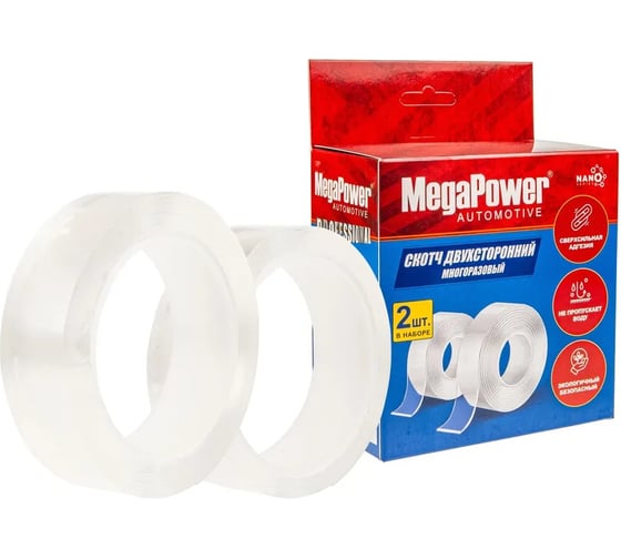 Изображение товара Односторонняя клейкая лента NANO набор 2шт многоразовая сверхсильная прозрачная Megapower 524924