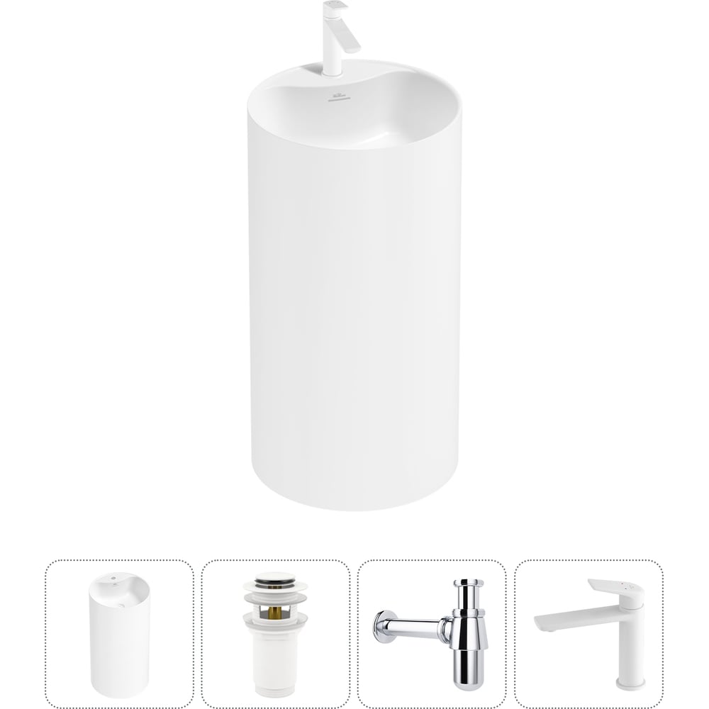 Изображение товара Напольная раковина Wellsee Chalice Perfection с комплектом и смесителем, белый глянец