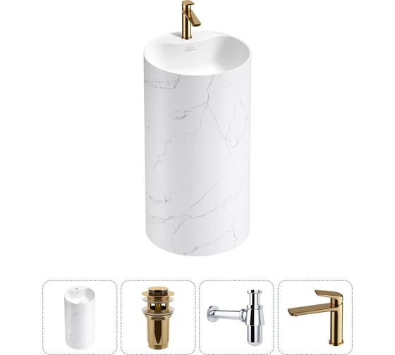 Изображение товара Напольная раковина отдельностоящая Wellsee Chalice Perfection в наборе 4 в 1, раковина-моноблок из акрила, цвет матовый белый мрамор / белый глянец 20213068R