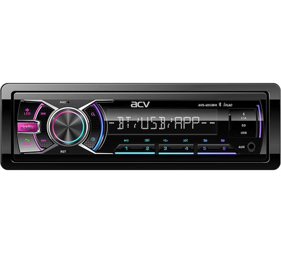 Изображение товара Автомагнитола ACV 1din, мультицвет, BT/2 USB/AUX/SD/FM/3RCA/SUB, 5 зон подсветки, 4х50 AVS-601UBM