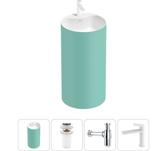 Изображение товара Напольная раковина отдельностоящая Wellsee Chalice Perfection в наборе 4 в 1, раковина-моноблок из акрила, цвет матовый светло-зеленый / белый глянец 20213079R