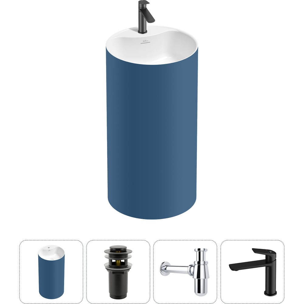 Изображение товара Напольная раковина Wellsee Chalice Perfection 4 в 1 из акрила, матово-темно-синий/белый глянец