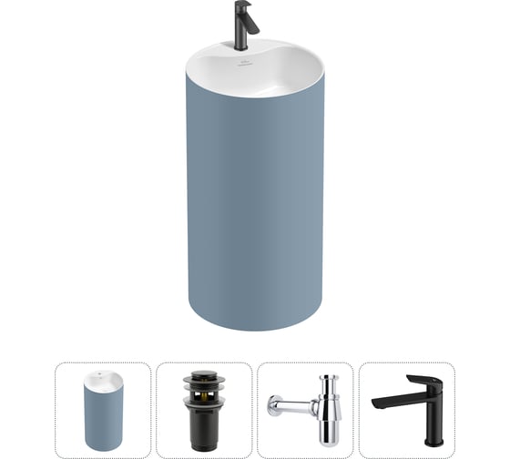 Изображение товара Напольная раковина отдельностоящая Wellsee Chalice Perfection в наборе 4 в 1, раковина-моноблок из акрила, цвет матовый светло-синий / белый глянец 20213089R