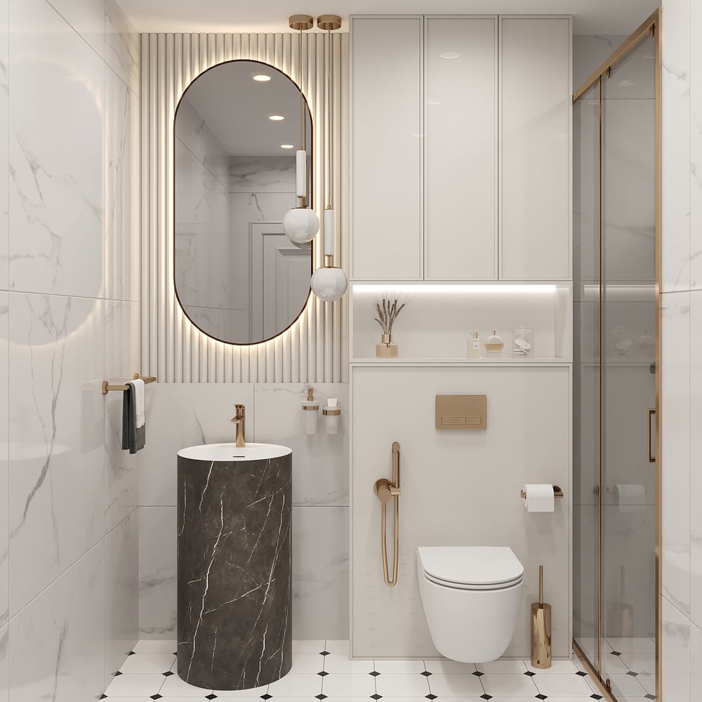 Изображение товара Напольная раковина Wellsee Chalice Perfection 4 в 1 черный мрамор белый глянец