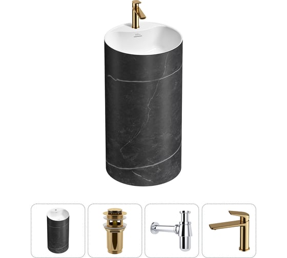 Изображение товара Напольная раковина отдельностоящая Wellsee Chalice Perfection в наборе 4 в 1, раковина-моноблок из акрила, цвет матовый черный мрамор / белый глянец 20213040R